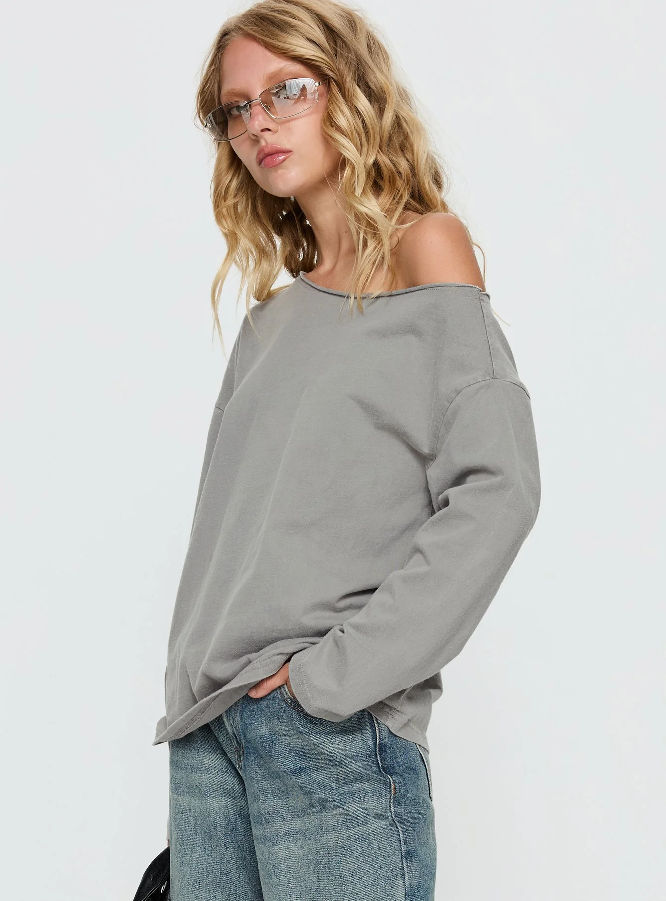 Karlyn Off Shoulder Long Sleeve Top Grey