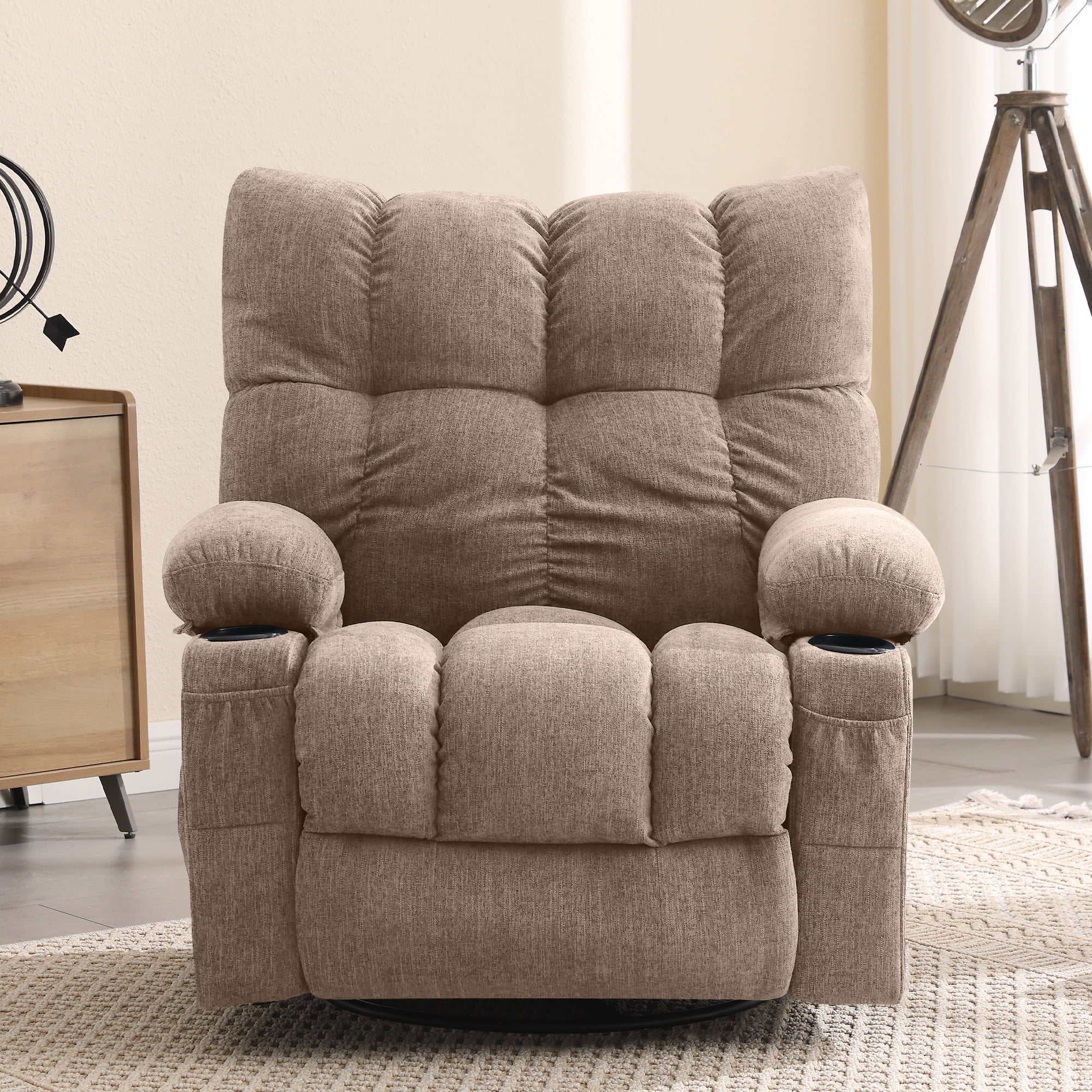 JONPONY Manual Recliner Chair with Heat Therapy and Massage Function, Heavy Duty Reclining Mechanism Massage Chair, Elderly Single Rocker Sofa with Cup Holders for Bedroom Home Theater, Grey