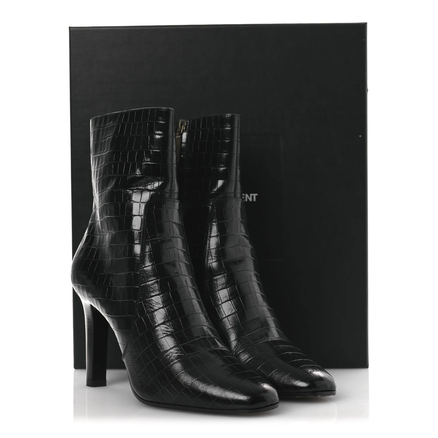 Shiny Crocodile Embossed Jane 90 Zip Booties 42 Black - Top Club
