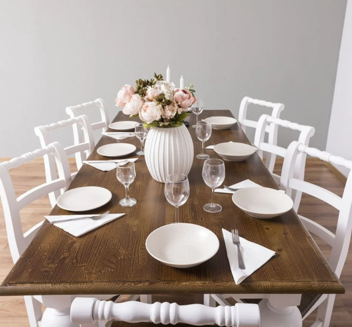 Country Style Dining Room Furniture Set Brown / White - 1 Dining Table & 8 Dining Room Chairs - Solid Wood Dining Room Furniture - Country Style Furniture