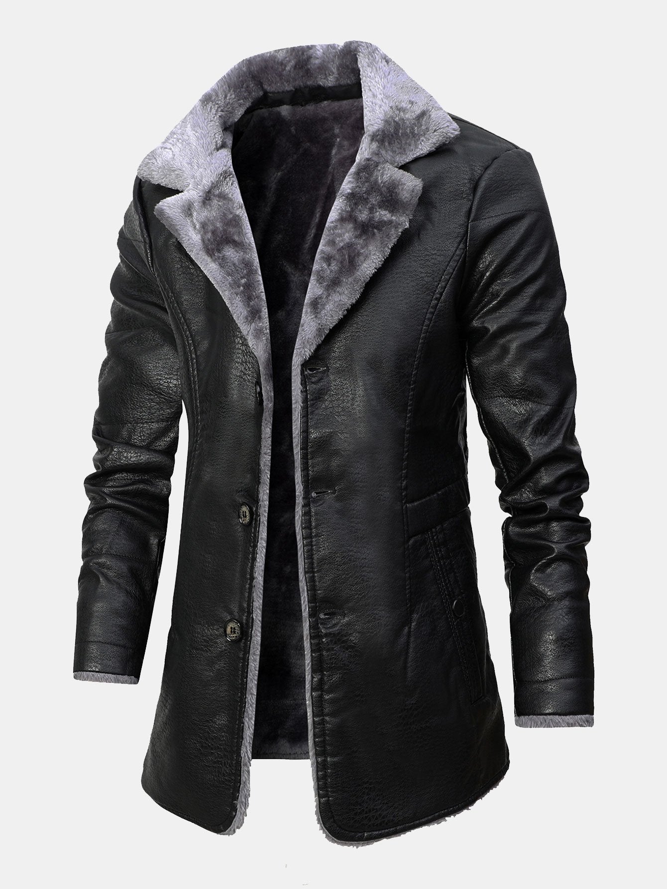 Long Line Faux Fur Lined PU Leather Coat