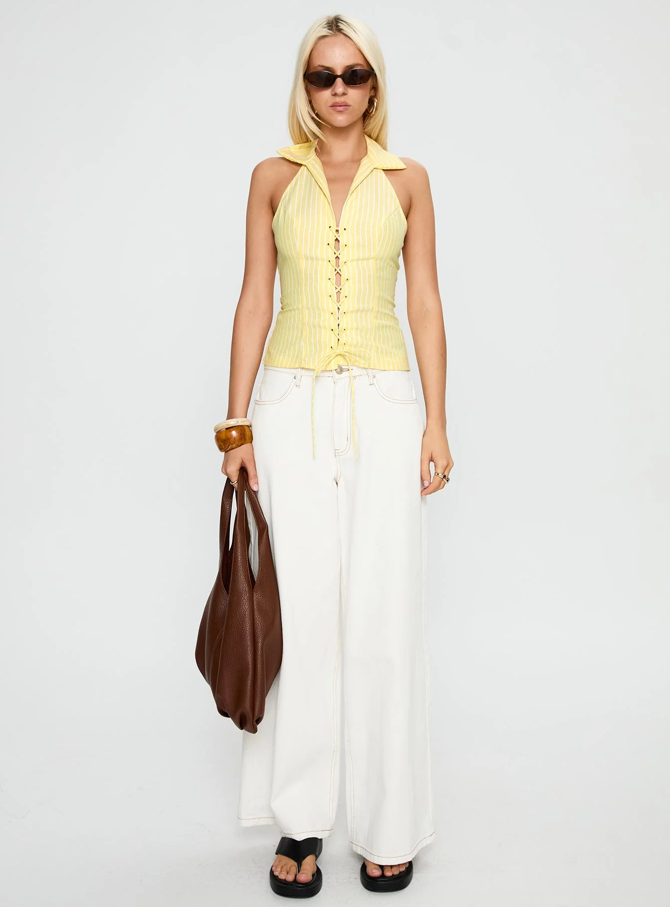 Dress You Up Tie Up Top Lemon Pinstripe