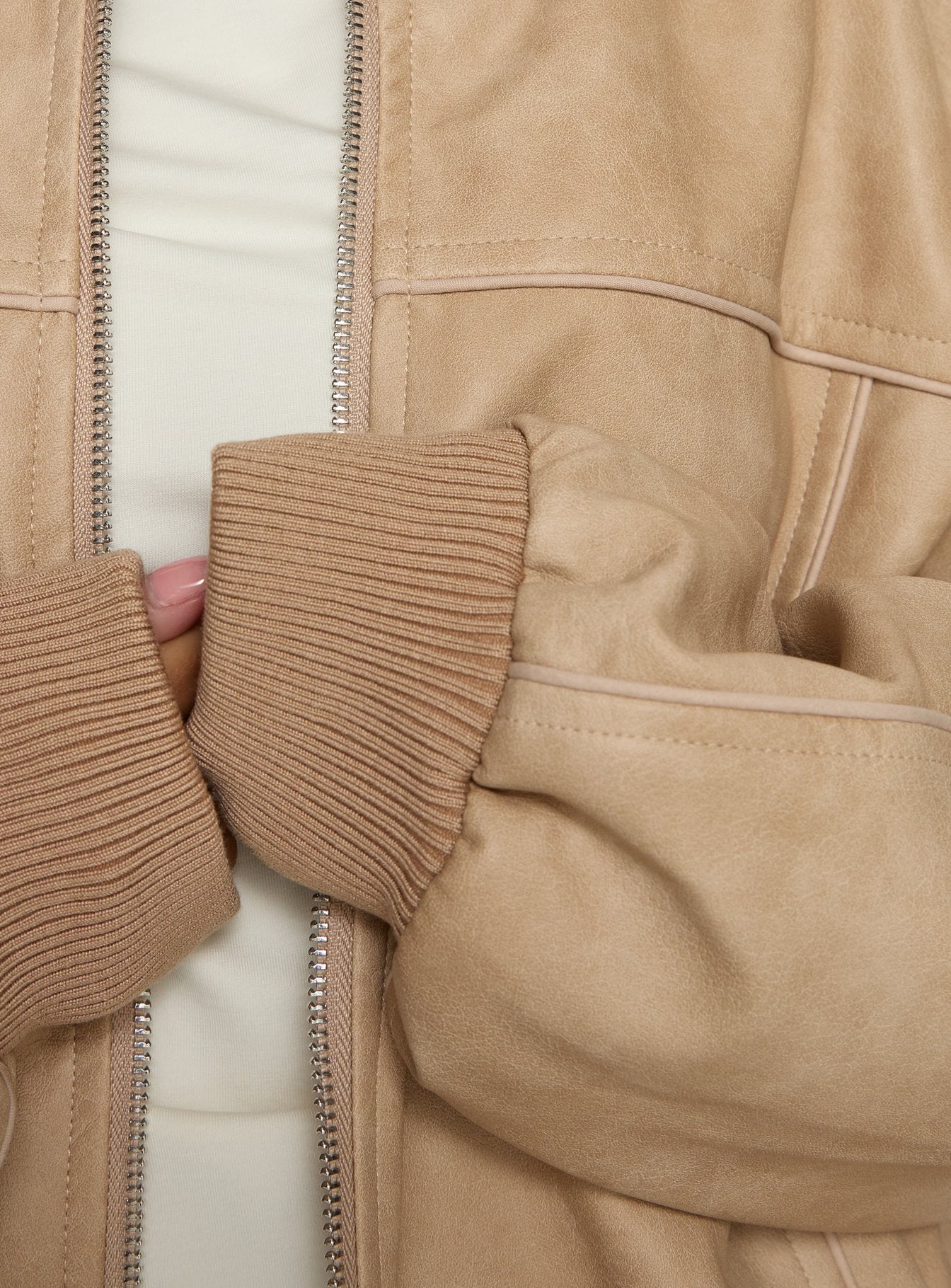 Believe It Faux Leather Bomber Jacket Washed Stone