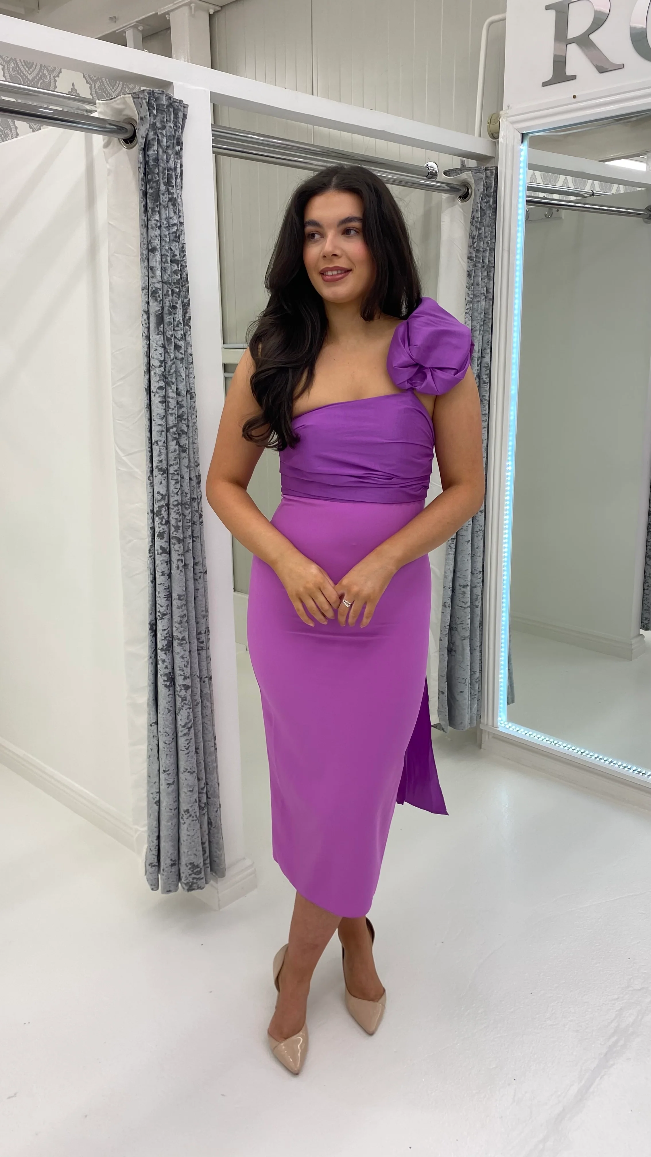 Purple One Shoulder Cape Style Midi Dress