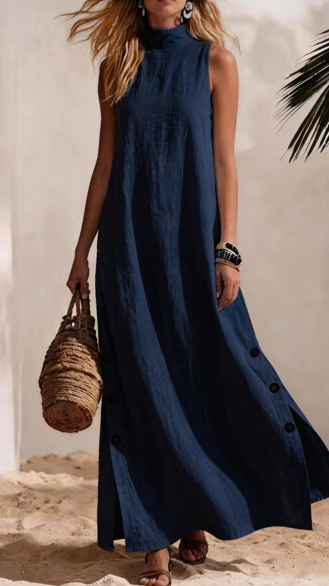 Women's Cotton-Blend High-Neck Sleeveless Slit Maxi Dress - Nordfashionstorm - Women's Clothing, Fashion for You - Nordfashionstorm.com