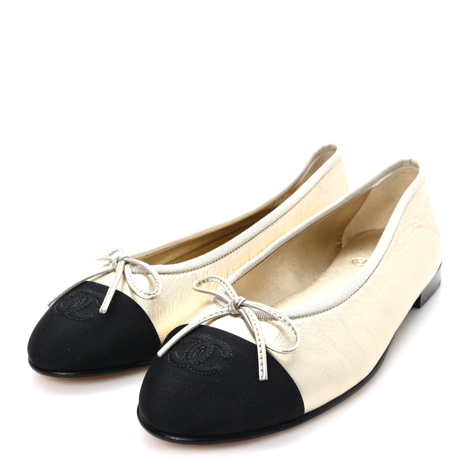 Metallic Laminated Lambskin Grosgrain CC Cap Toe Ballerina Flats 39 Light Gold Black - Top Club