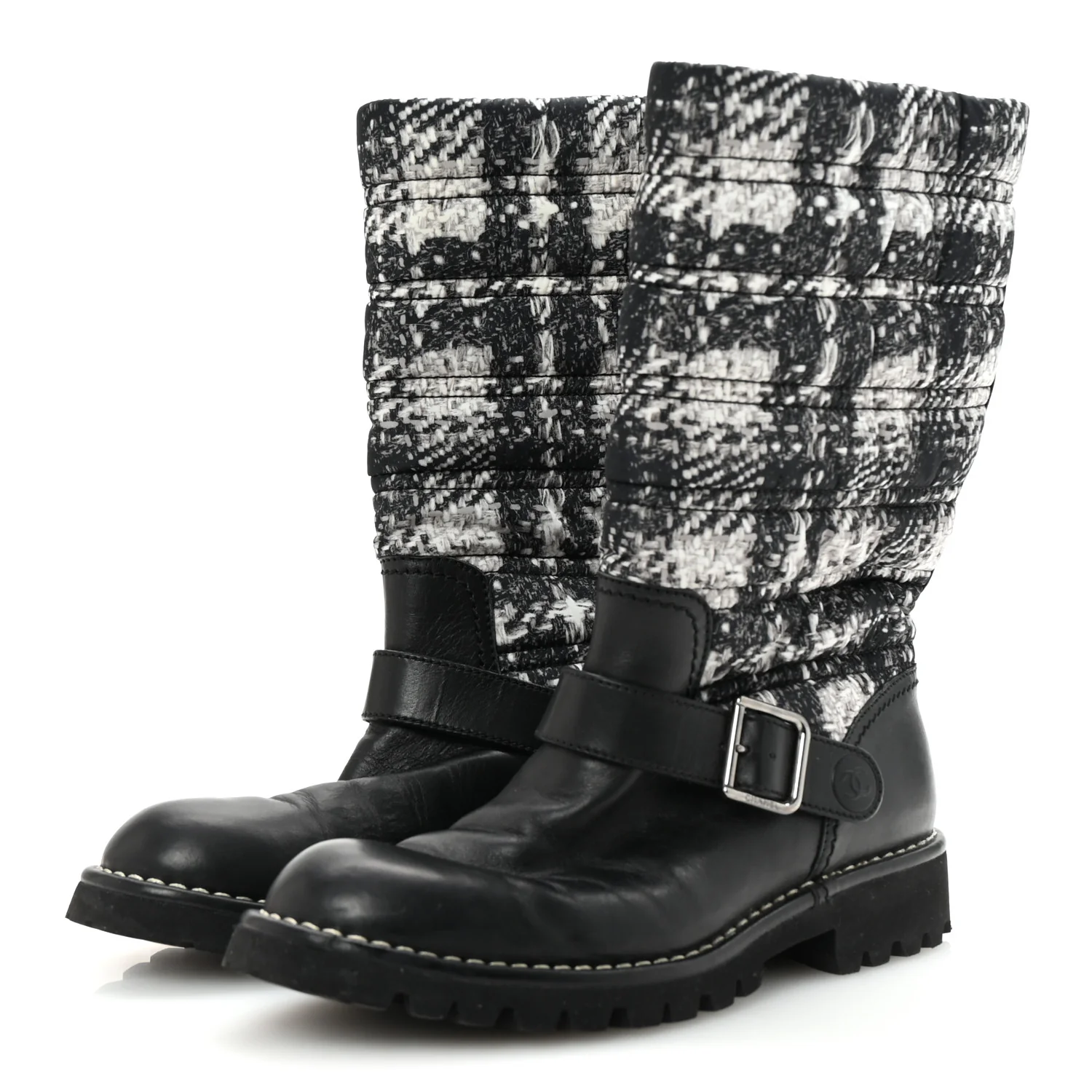 Calfskin Tweed Nylon Printed Boots 38 Black - Top Club