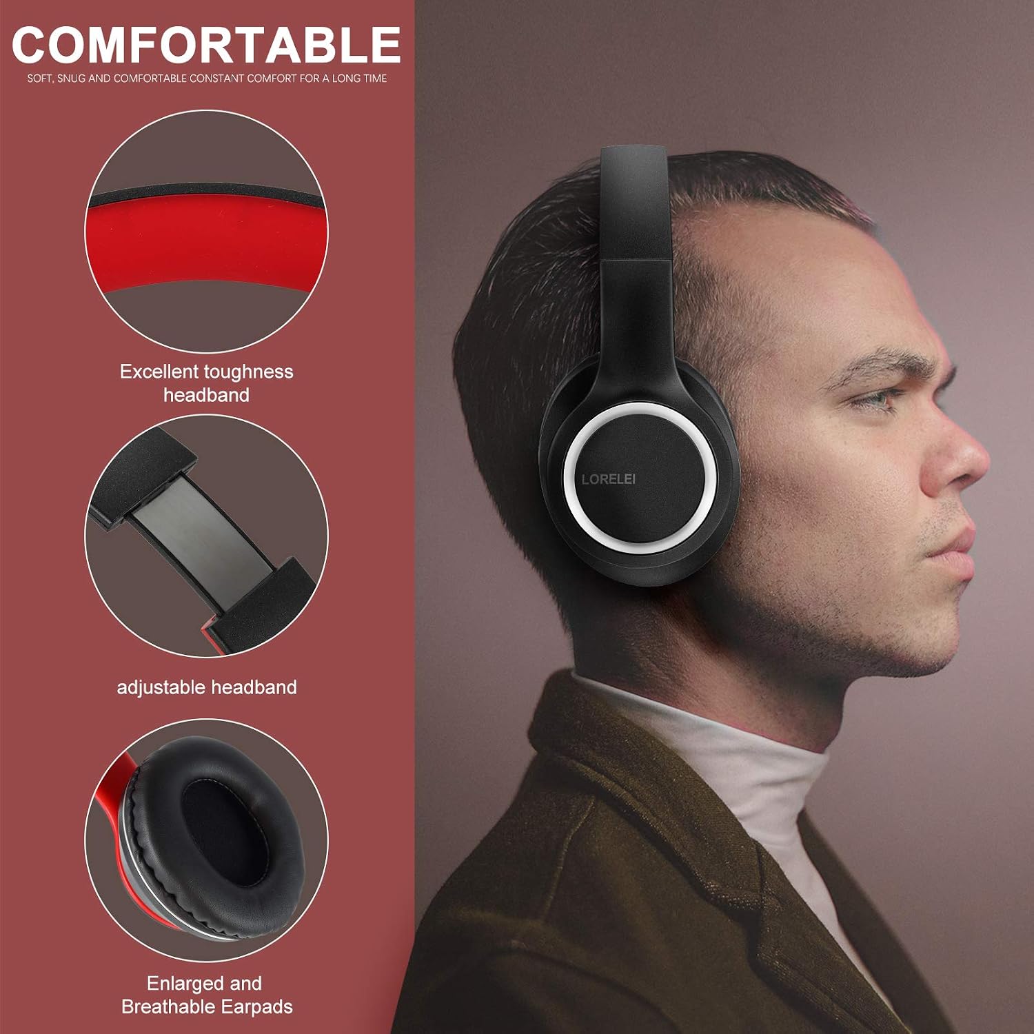LORELEI X8 Over-Ear Wired Headphones with Microphone, 1.45m Tangle-Free Nylon Cable & 3.5mm Plug, Lightweight Foldable & Portable Headphones for Smartphone, Tablet, Computer, Mp3/4 (Black-red)