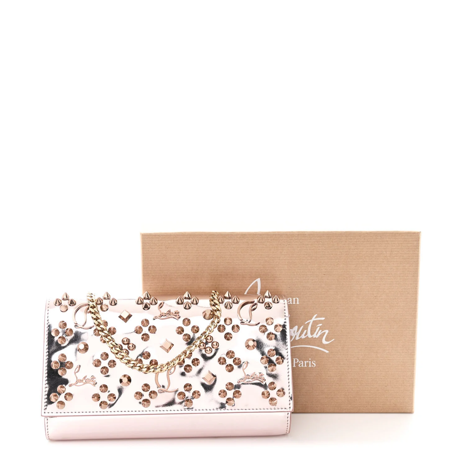 Metallic Patent Calfskin Spikes Loubinthesky Paloma Clutch Pink - Top Club