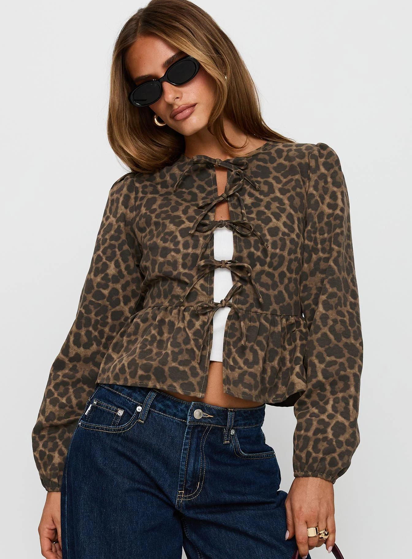 Recognize Tie Detail Long Sleeve Top Leopard