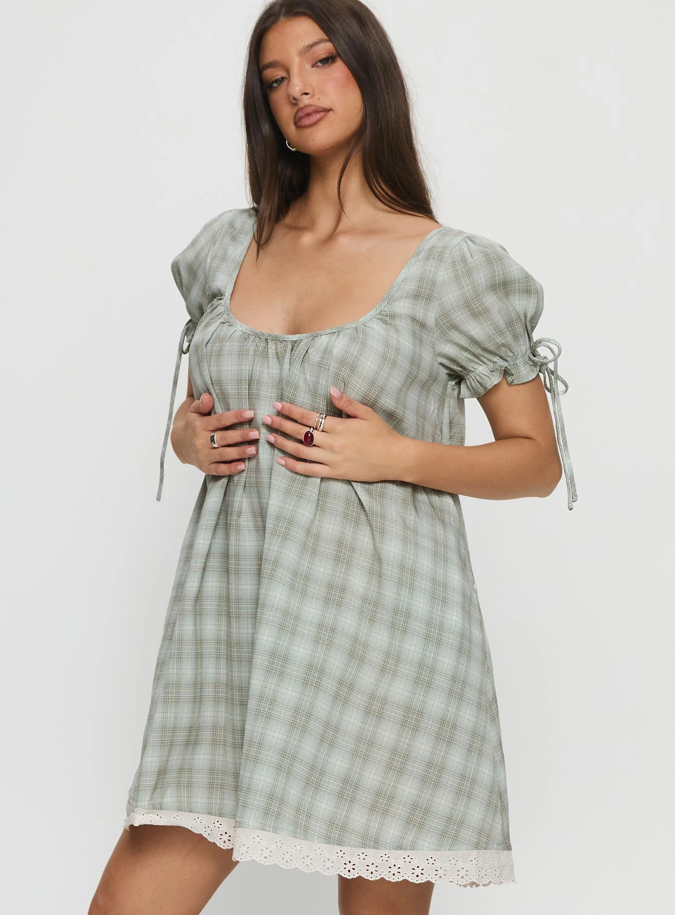 Embracing Puff Sleeve Swing Mini Dress Blue Check