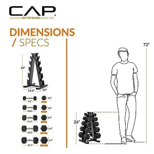 2025 CAP Barbell 150 LB Coated Hex Dumbbell Weight Set with Vertical Rack, Black