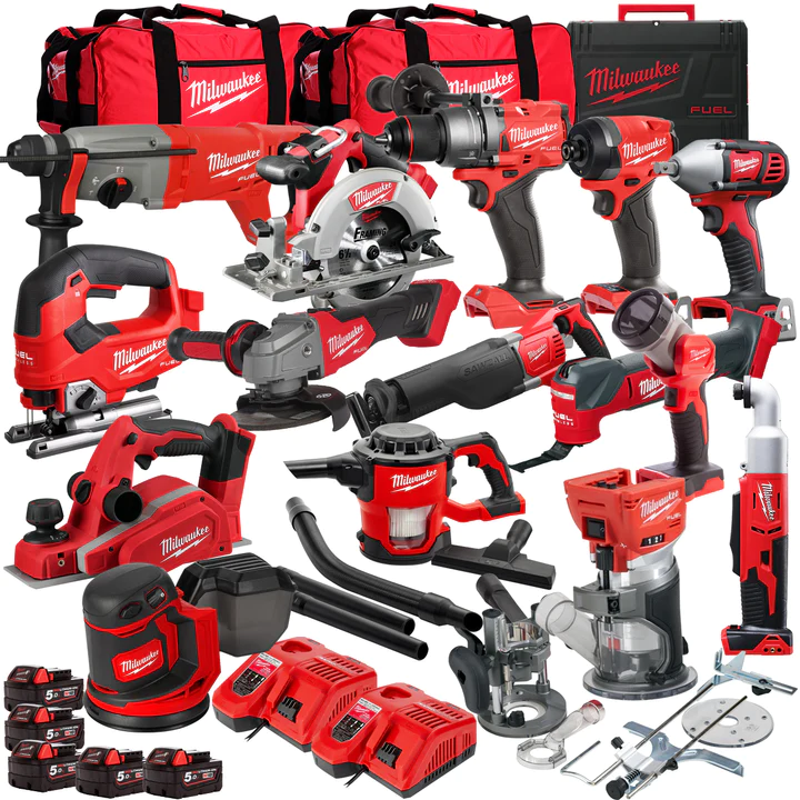 Milwaukee 18V battery 15 piece tool kit with 5 x 5.0Ah batteries & charger in bag T4TM-12