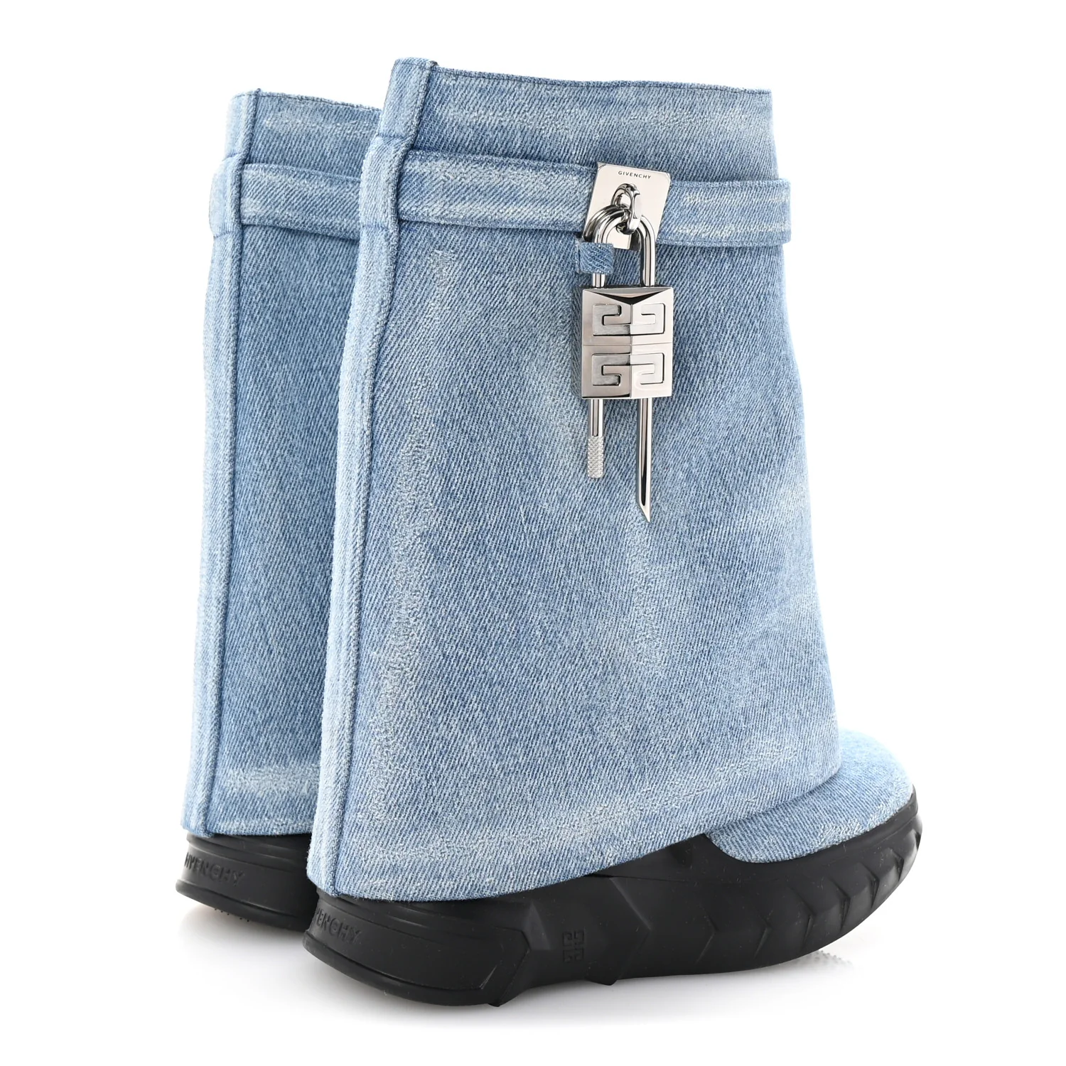 Washed Denim Shark Lock Biker Ankle Boots 35 Blue - Top Club