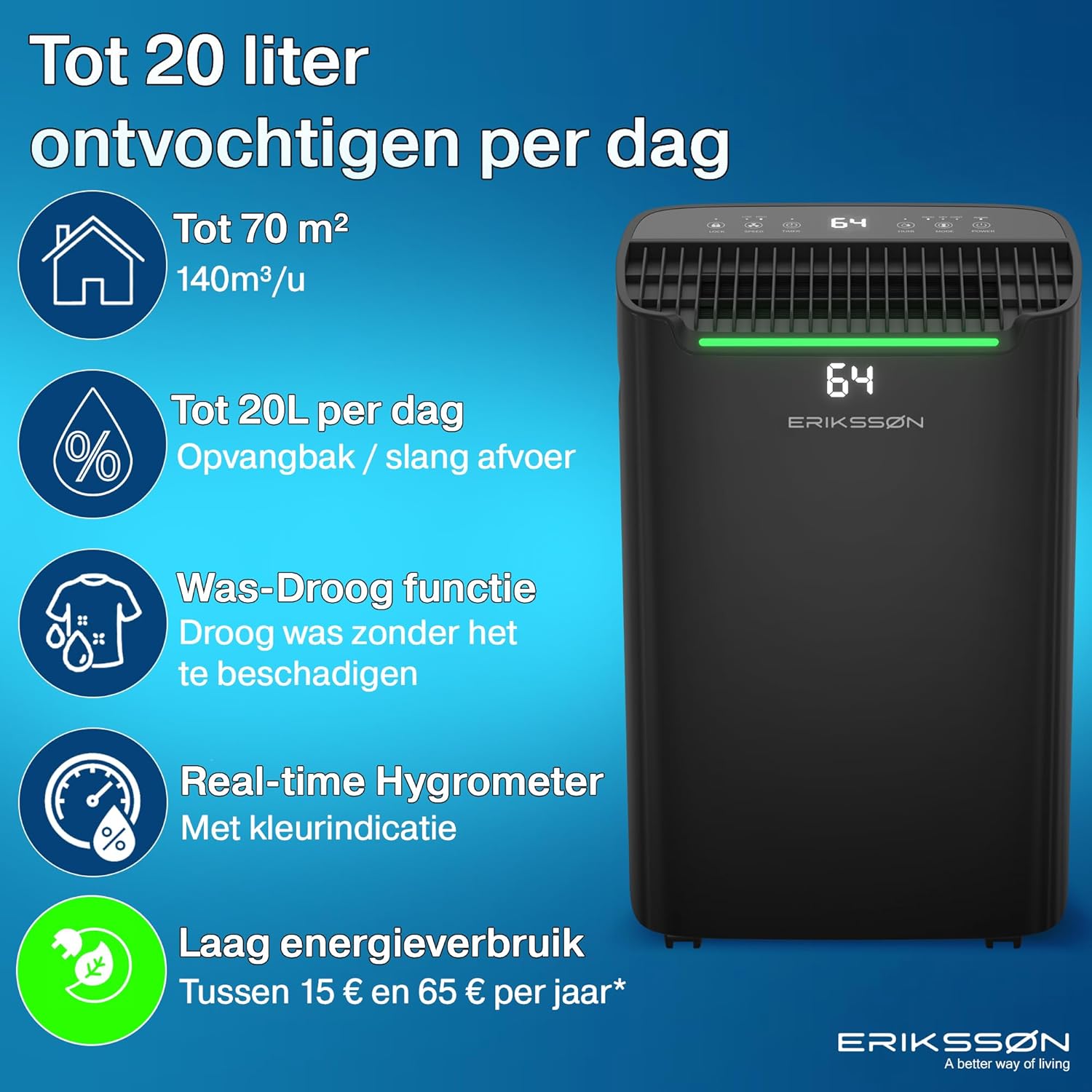 Deumidificatore Dry Pro Plus - Deumidifica fino a 20 litri al giorno - Funzione lavaggio a secco - Adatto per camera da letto, bagno, soggiorno e cantina - Dehumidifier - Nero