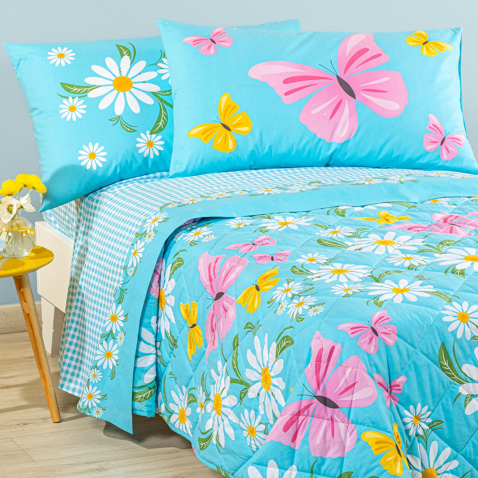 Copriletto Trapuntato In Cotone Margherite Piazza E Mezza Azzurro Caleffi Kids