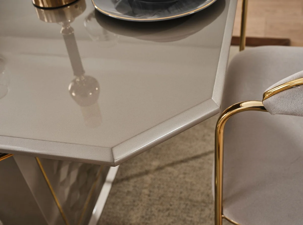 Luxury Art Deco Dining Room Set Gray / Gold - 1 Extendable Dining Table & 6 Dining Chairs with Armrests - Dining Room Furniture - Art Deco Furniture - Luxury Furniture - Art Deco Furnishings
