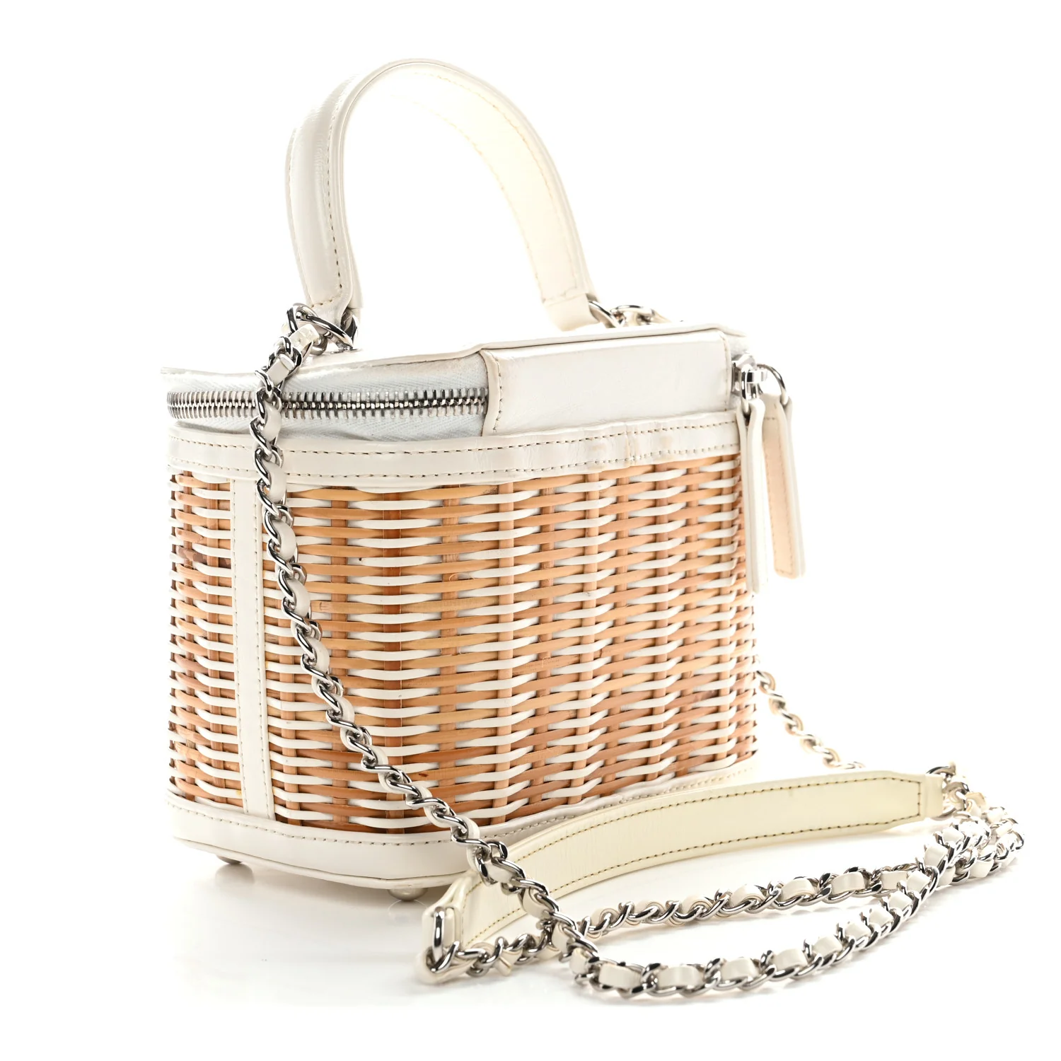 Calfskin Raffia Small Vanity Case Bag White Beige - Top Club