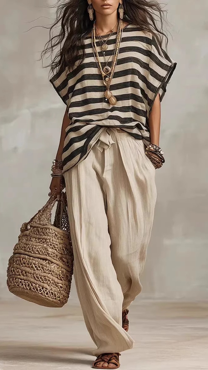 Women's Fashion Casual Striped Print Crew Neck Loose-Fit Short-Sleeve Loungewear Set - Nordfashionstorm - Women's Clothing, Fashion for You - Nordfashionstorm.com