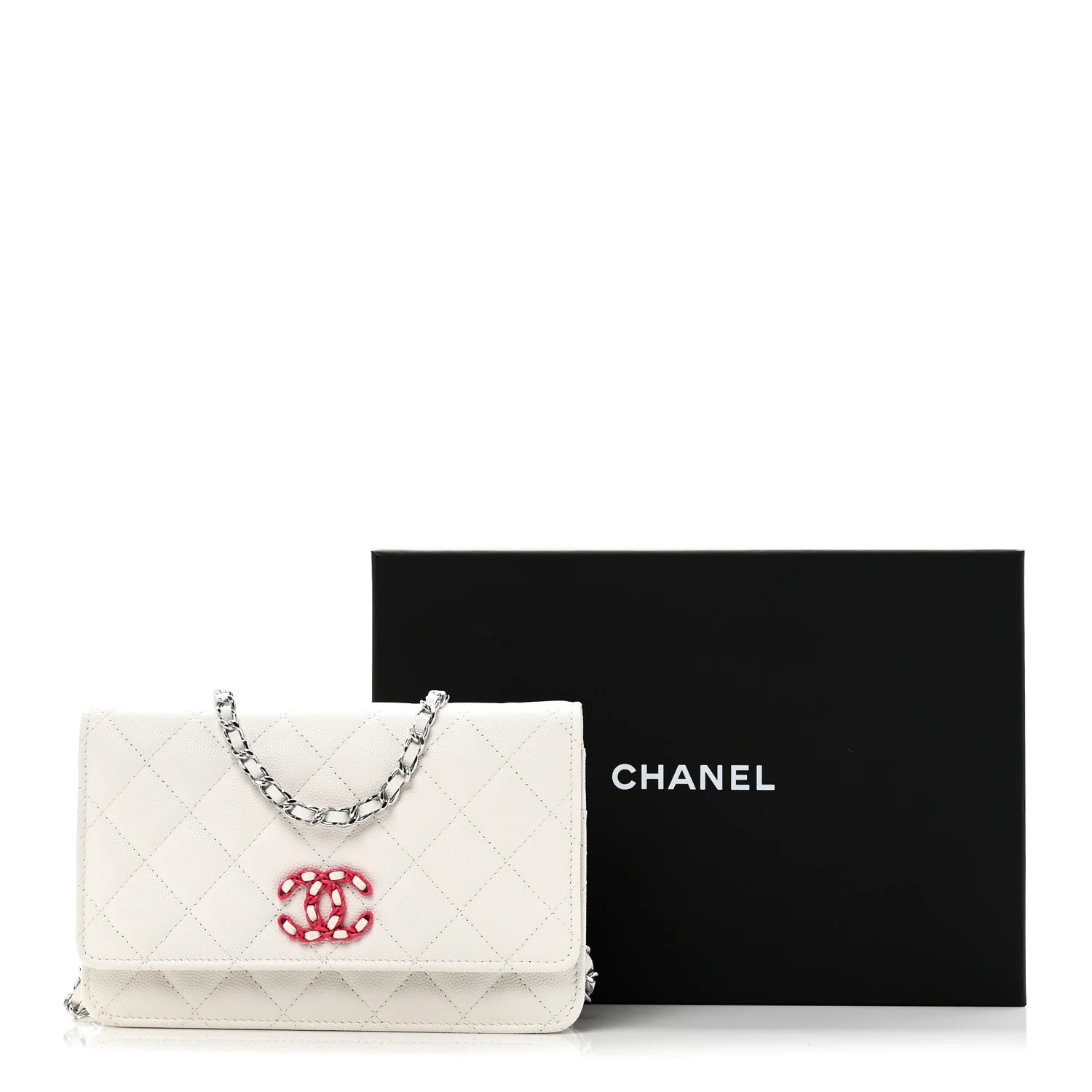 Caviar Quilted Chanel 19 Wallet On Chain WOC White Pink - Top Club