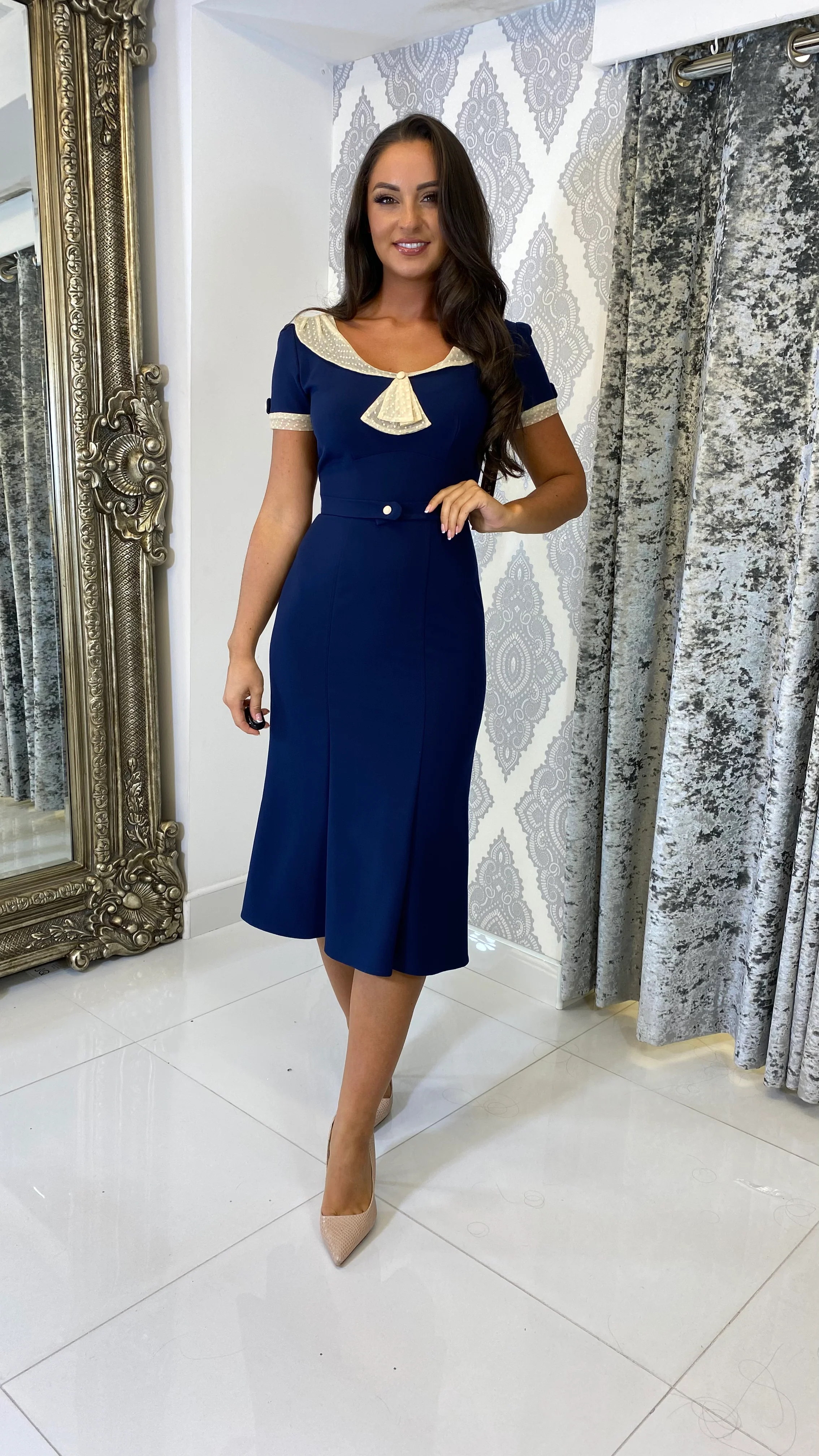 Navy Vintage Style Midi Fishatil Dress