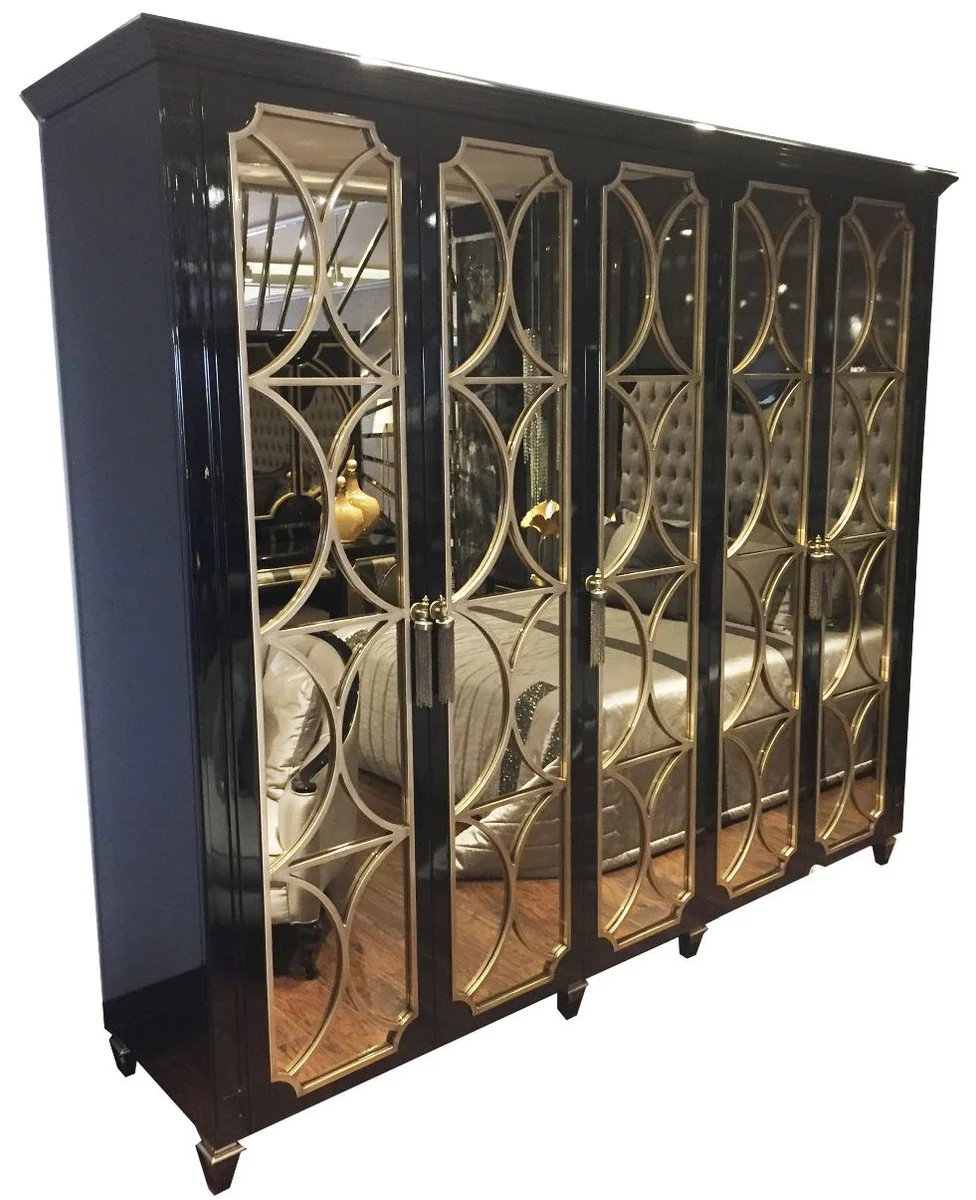 Luxury baroque bedroom wardrobe black / gold 260 x 63 x H. 240 cm - magnificent wardrobe with 5 mirrored doors - luxury quality