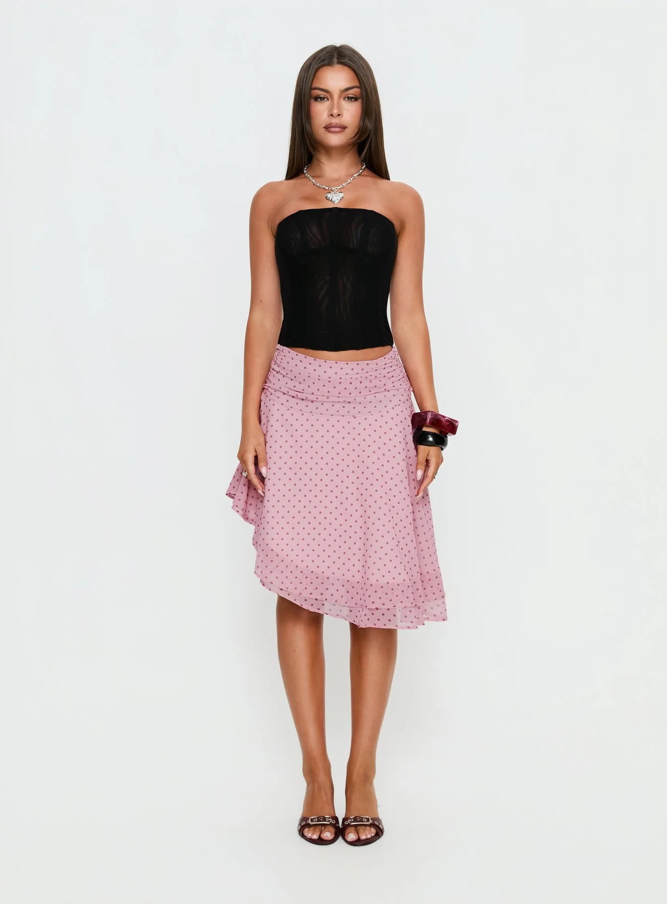 Evanescence Asymmetrical Midi Skirt Pink Polka Dot