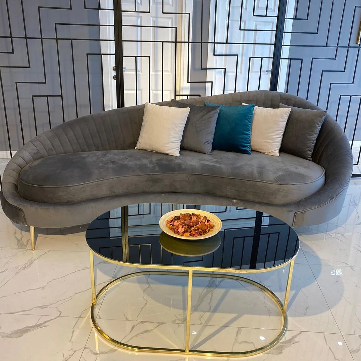 Luxury sofa gray / gold 250 x 70 x H. 80 cm - living room sofa - hotel sofa - living room furniture - hotel furniture - luxury furniture - living room furnishings - luxury furnishings