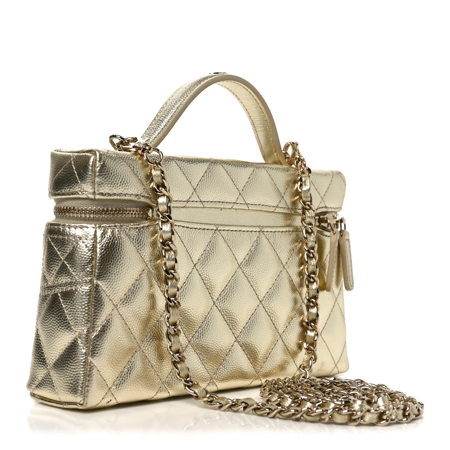 Metallic Caviar Quilted Trendy Handle Slim Vanity Light Golden - Top Club