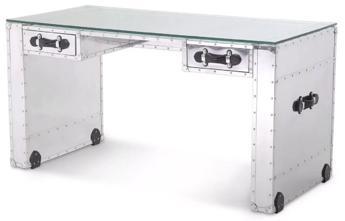 Luxury desk in suitcase design silver / black 150 x 72 x H. 76 cm - aluminum office table with glass top - aluminum furniture - office furniture - luxury furniture - luxury furnishings