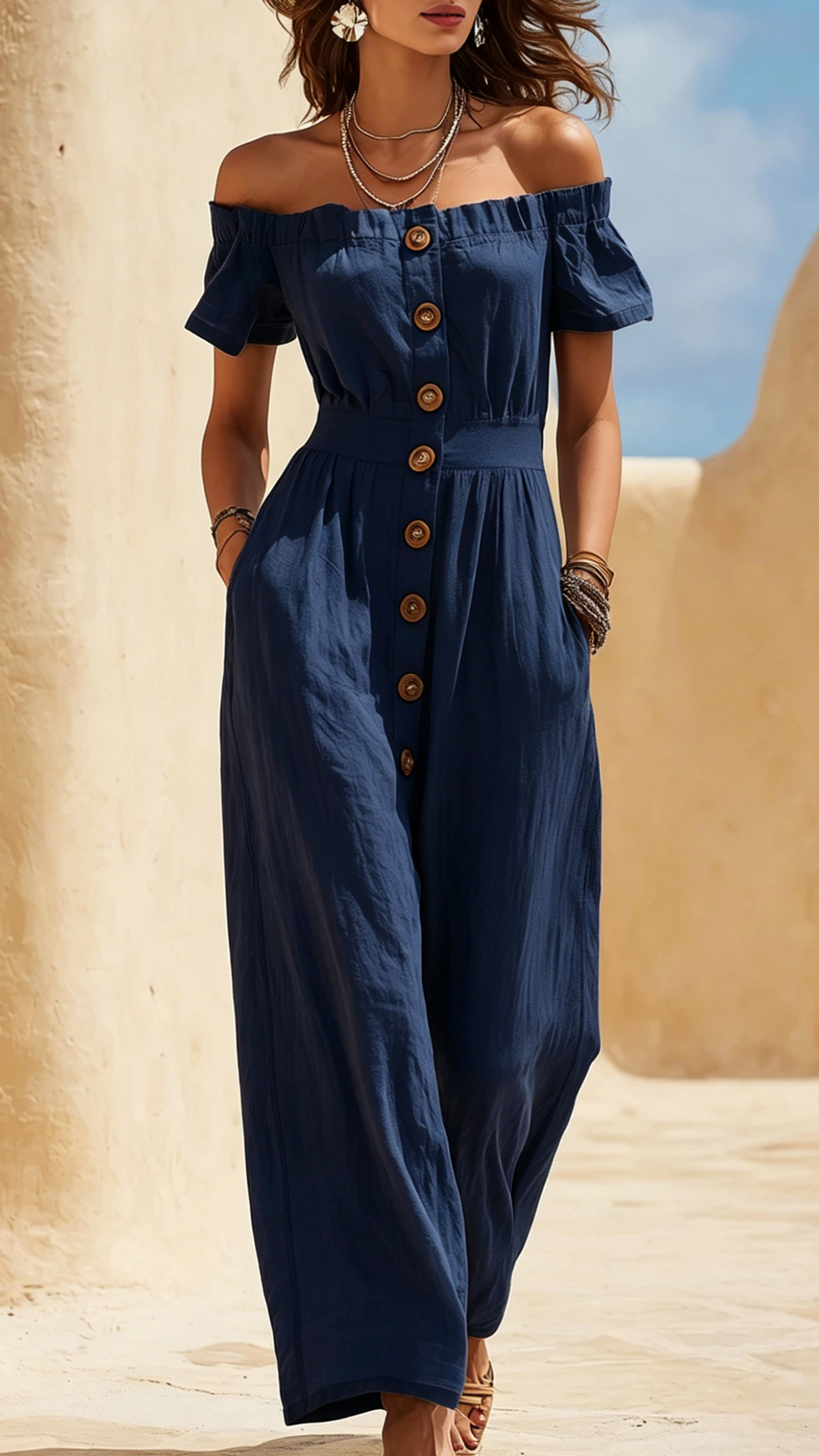 Women's Cotton‑blend Off‑the‑Shoulder Puff Sleeve Waist‑cinched Jumpsuit - Nordfashionstorm - Women's Clothing, Fashion for You - Nordfashionstorm.com