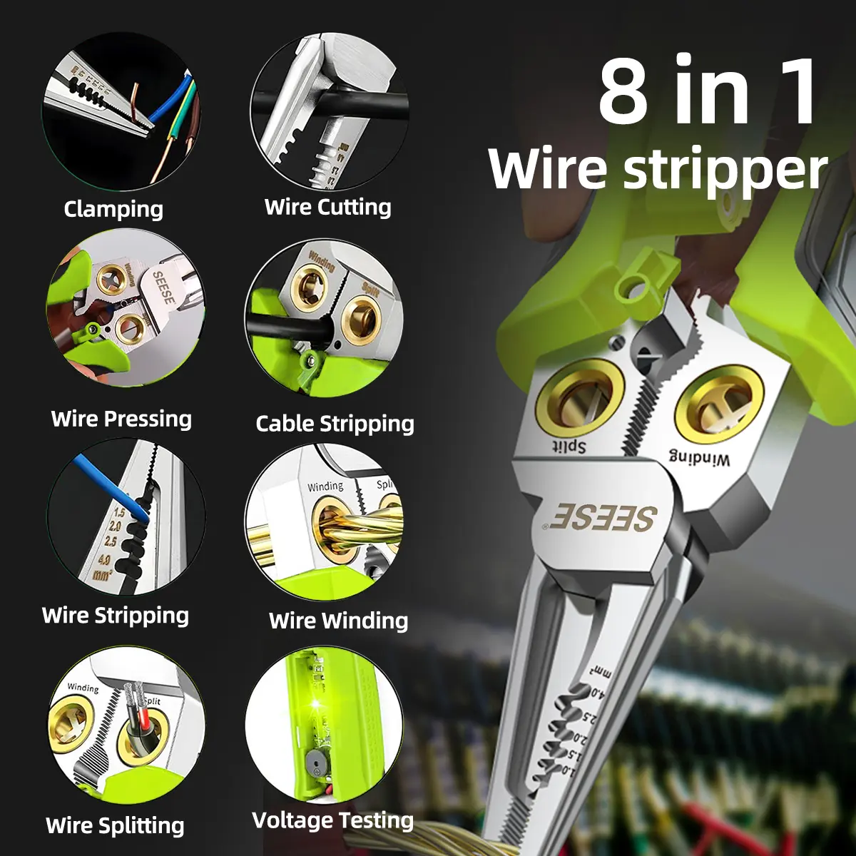 SEESE 8 in 1 Wire Stripper Twister for Cutting and Pulling Wires, Voltage Tester Pliers, Cable Scissors, 12V to 250V Live, Null, Hot Wire Judgment AC DC, Audible and Flashing LED Alarms