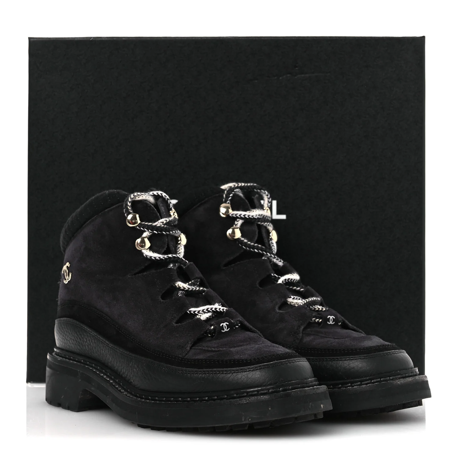 Suede Grained Calfskin CC Lace Up Boots 38 Black - Top Club