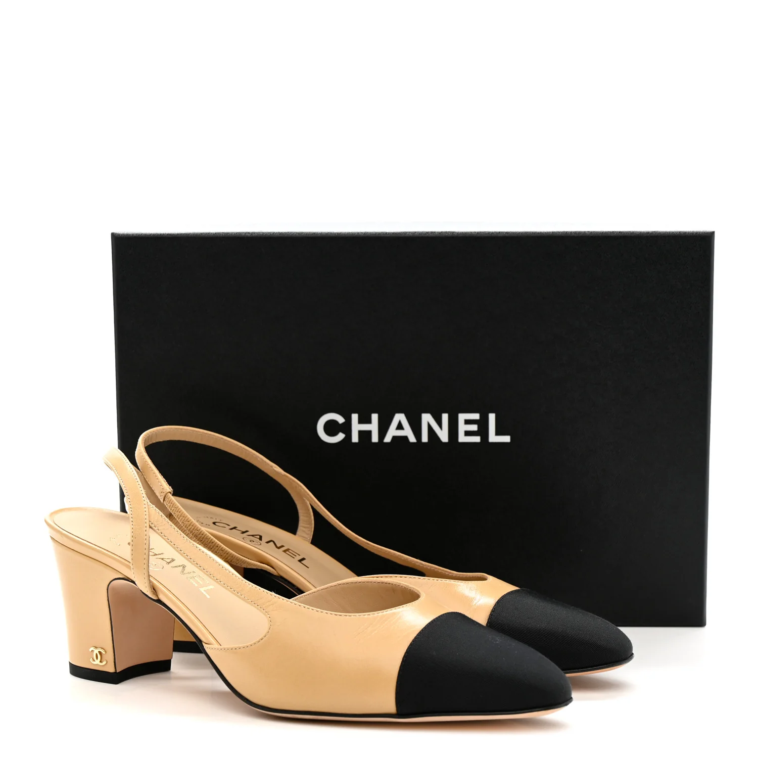 Goatskin Grosgrain Cap Toe CC Slingback Pumps 41 Beige Black - Top Club