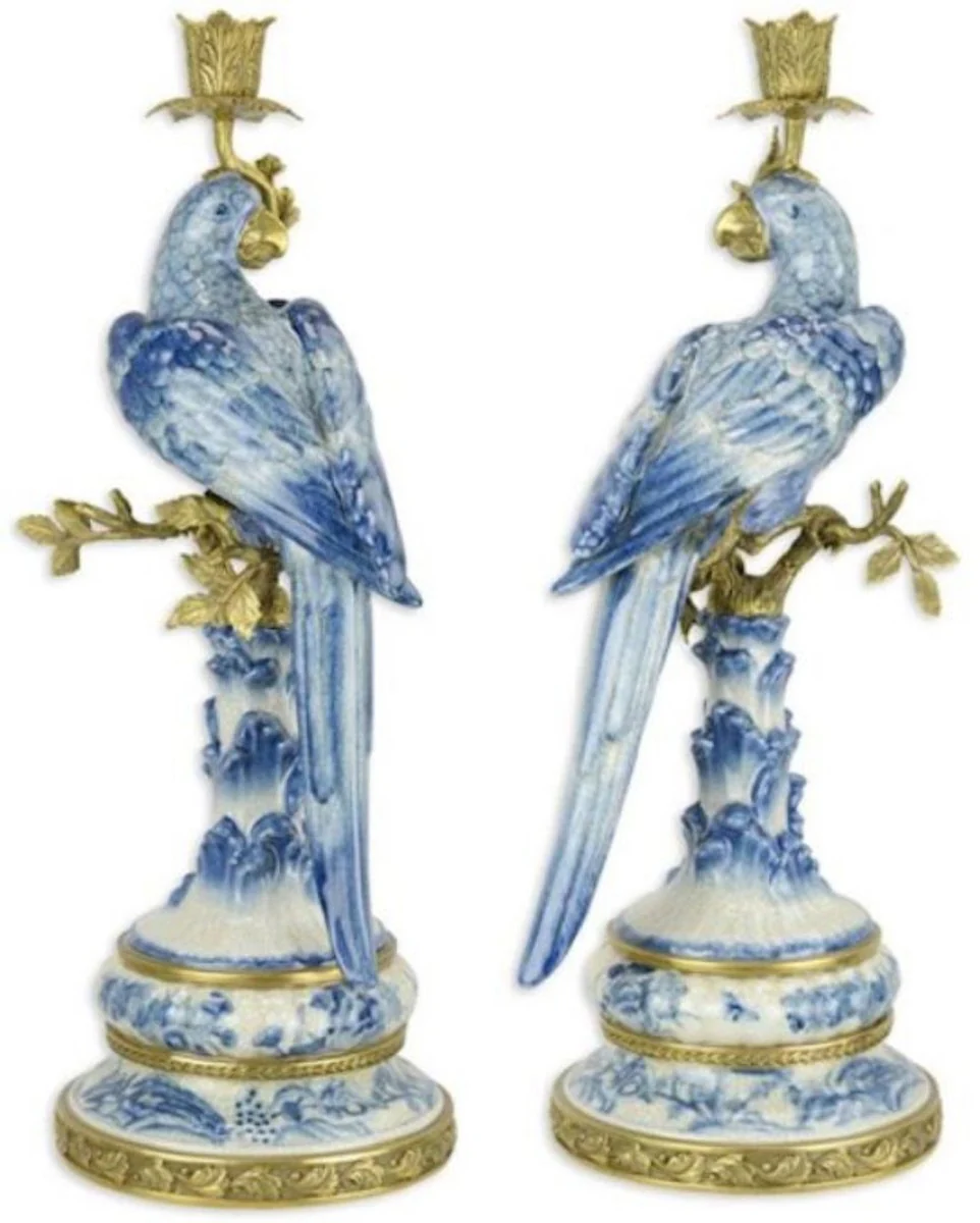 Art Nouveau candle holder set parrots blue / white / gold 22.1 x 18.6 x H. 49.4 cm - Porcelain candlesticks - Hotel & Restaurant Accessories - Baroque & Art Nouveau decorative accessories