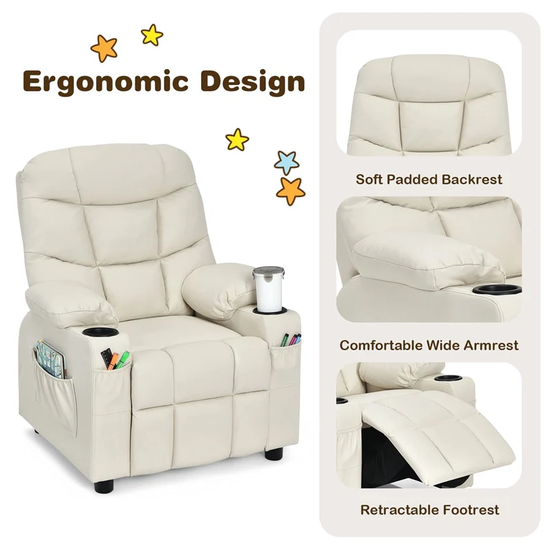 Kids Recliner Chair PU Leather Adjustable Lounge Sofa with Cup Holder, 3 Pockets & Retractable Footrest, Ergonomic Toddler Furniture Sofa