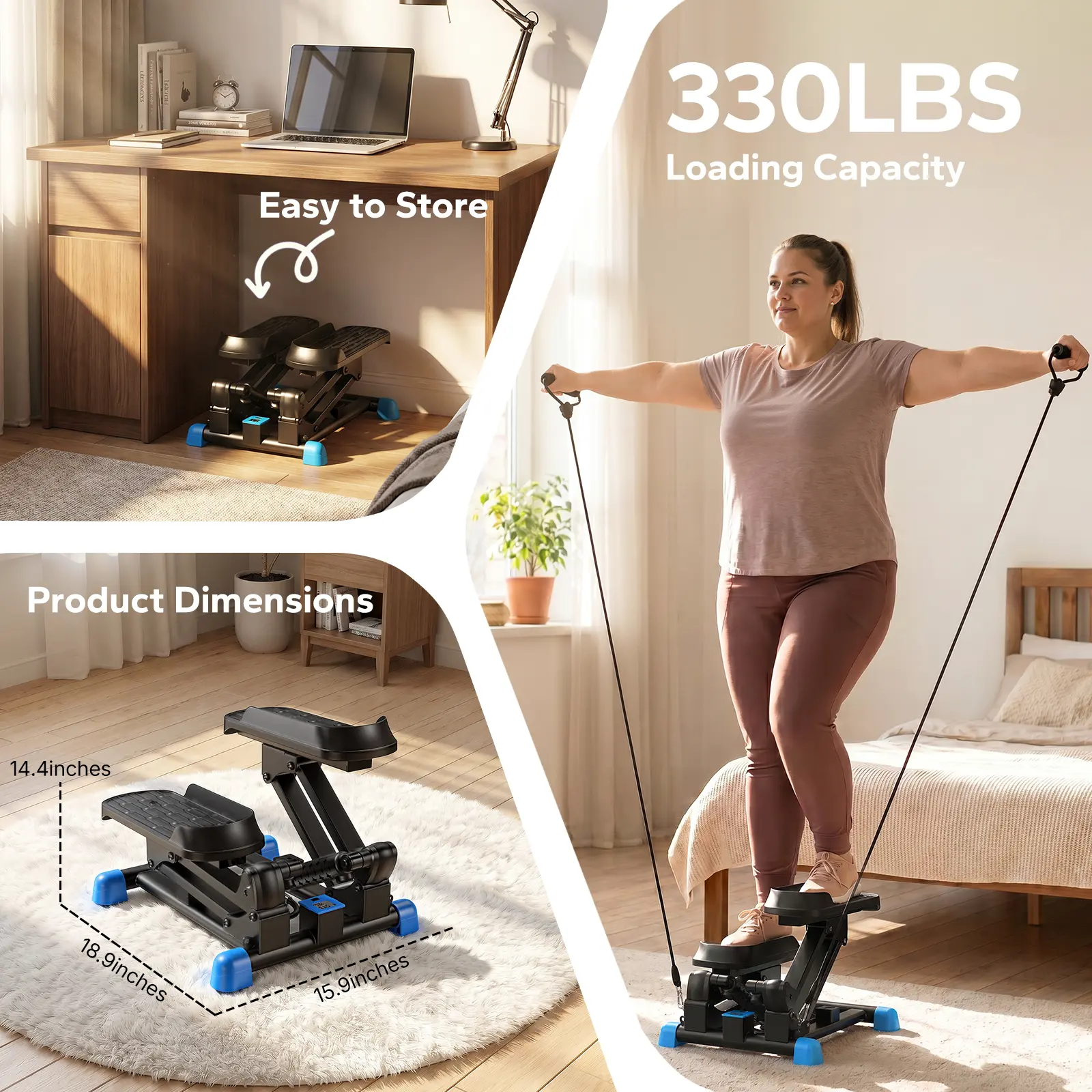 Merach 3-In-1 Mini Stair Stepper With KneeGuard Cushion Pedal, 12 Inch Step Height, 330 Lbs Weight Capacity Home Indoor Exercise Equipment With Resistance Bands