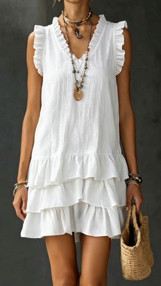 Women's Casual V-Neck Ruffle-Trim Tiered Dress — Sleeveless Tank Dress - Nordfashionstorm - Women's Clothing, Fashion for You - Nordfashionstorm.com