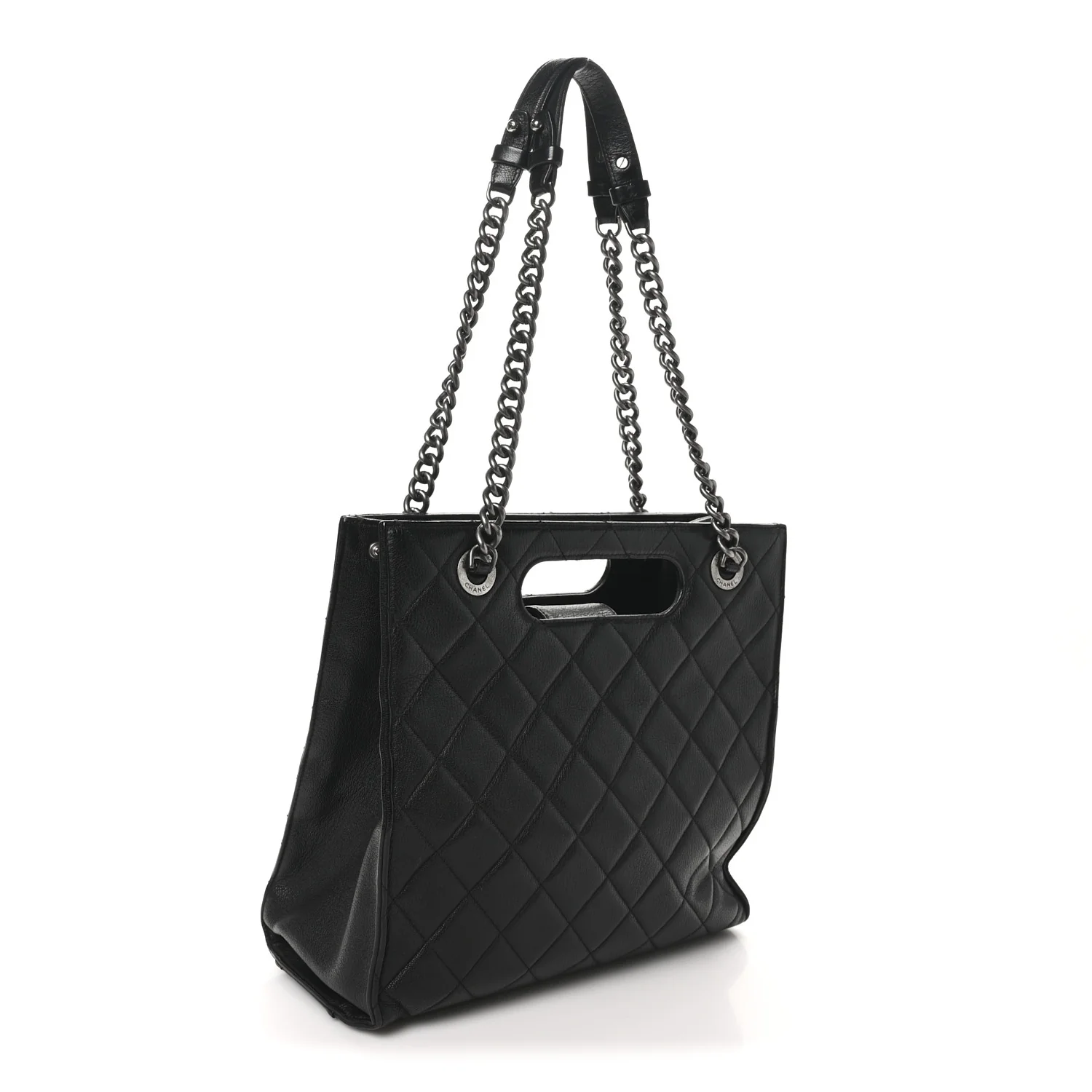 Goatskin Quilted Small Perfect Edge Shopping Tote Black - Top Club