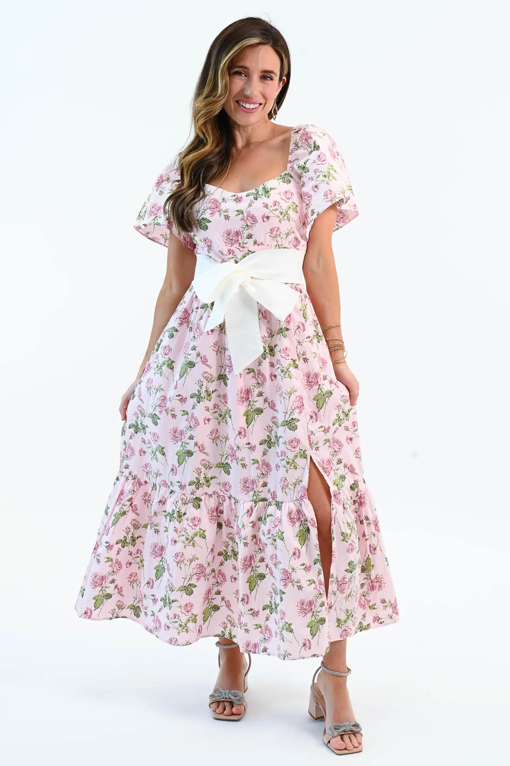 Sending You Love Bow Belt Floral Flutter Sleeve Dress - ALJEGJ