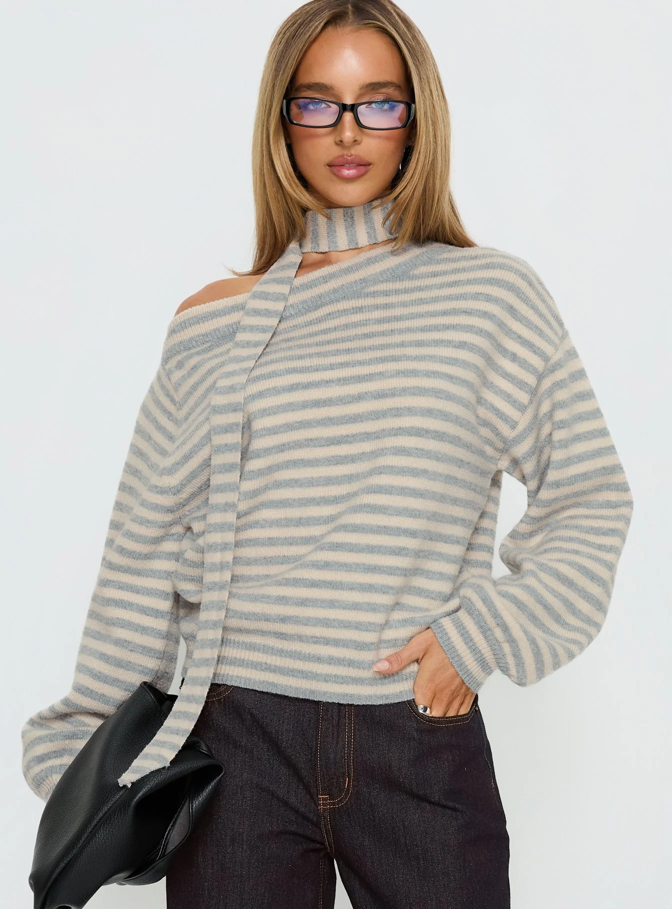 Ruthi Scarf Off Shoulder Knit Sweater Neutral Stripe