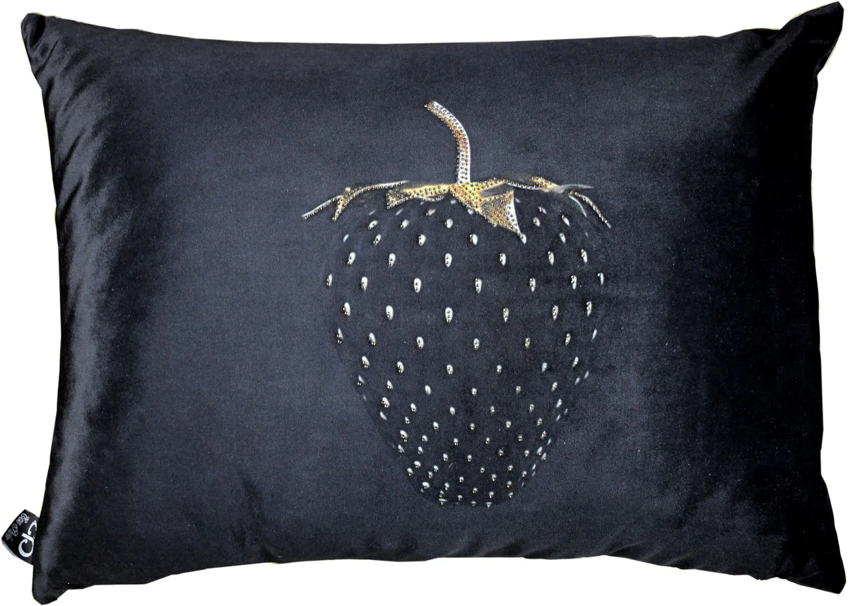 Luxury decorative cushion Strawberry with Bling Bling glitter stones black / gold 35 x 55 cm - Finest velvet fabric - Luxury decorative accessories
