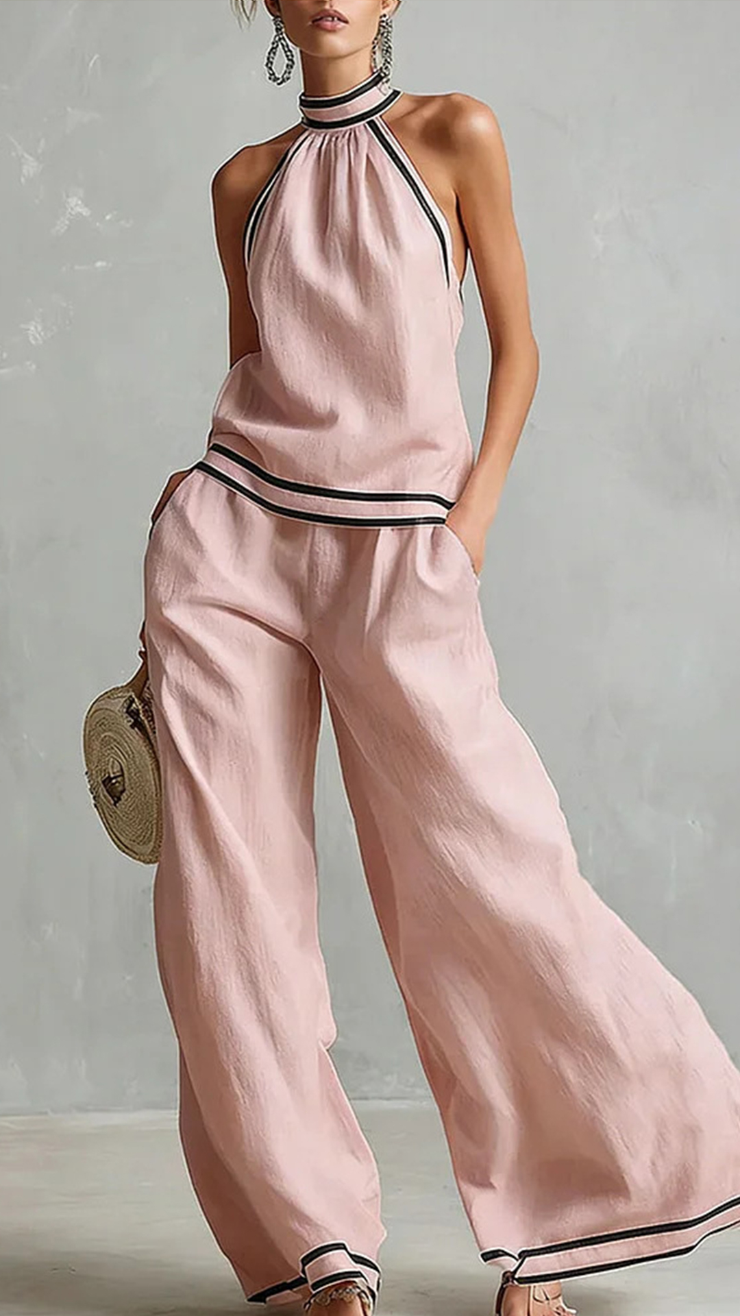 Women's Cotton-Blend Light Blue Halter Contrast Trim Wide-Leg Pants Set - Nordfashionstorm - Women's Clothing, Fashion for You - Nordfashionstorm.com