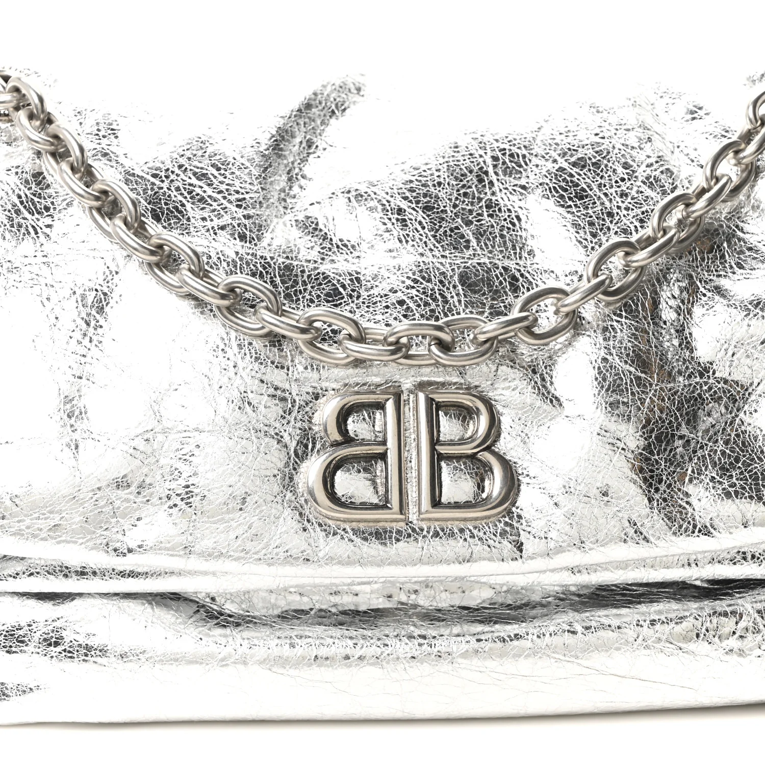Metallized Arena Calfskin Medium Monaco Chain Shoulder Bag Silver - Top Club