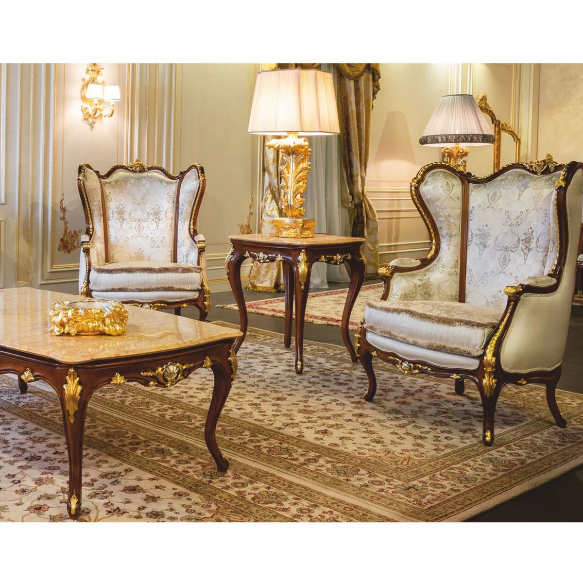 Luxury baroque coffee table beige / dark brown / gold 146 cm - Made in Italy
