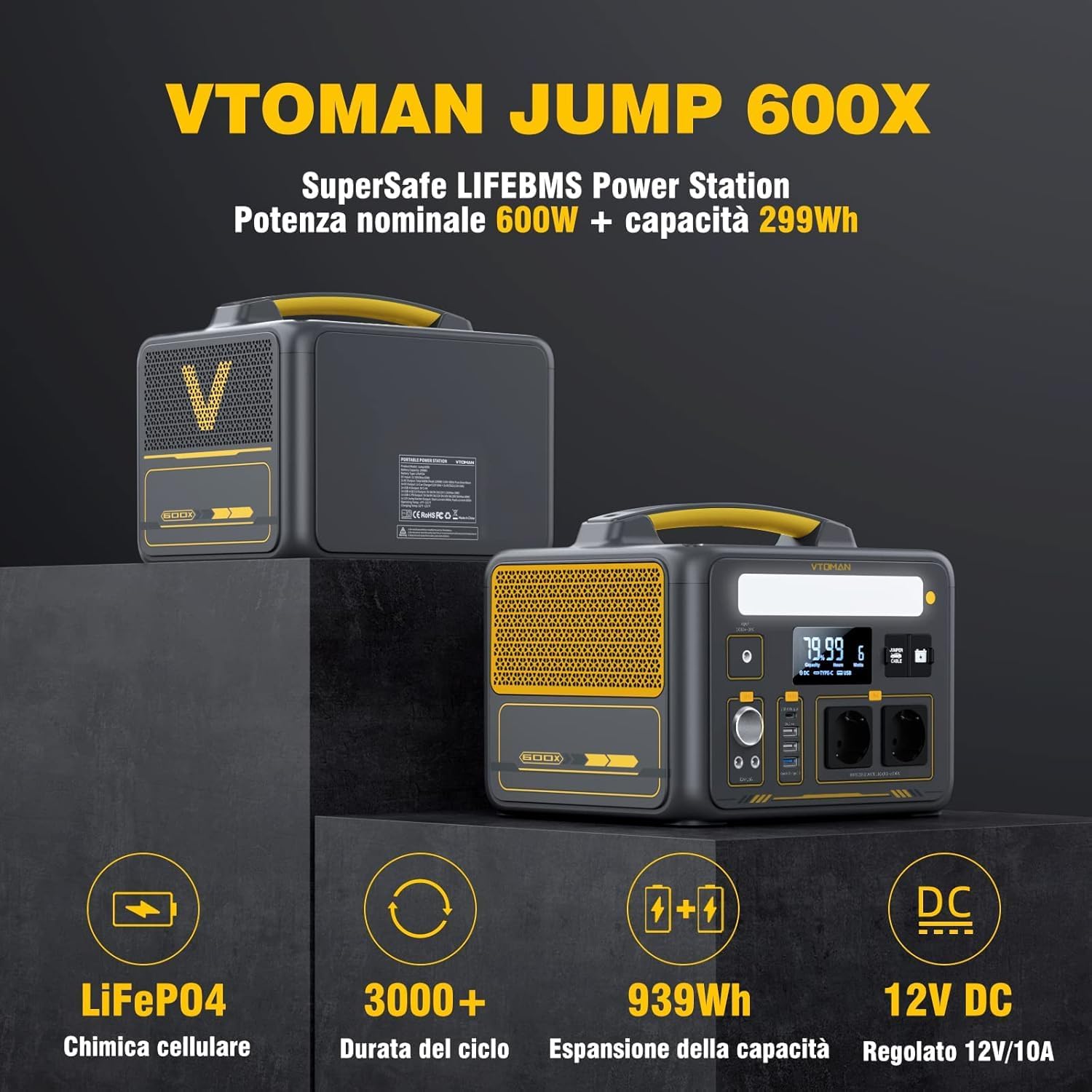 VTOMAN Jump 600X Centrale Elettrica Portatile - 600W/299Wh LiFePO4 Batteria Power Station Generatore Solare, Capacità Espandibile a 939Wh, per Campeggio, Emergenza, Viaggio