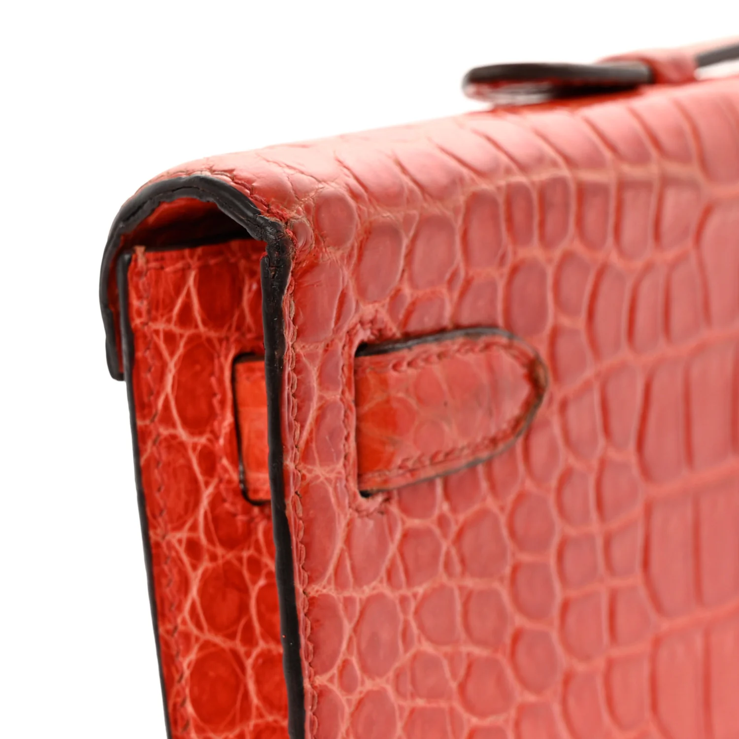Shiny Porosus Crocodile Kelly Cut Pochette Orange Poppy - Top Club