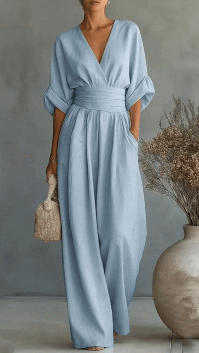 Women's Solid-Color V-Neck Jumpsuit - Nordfashionstorm - Women's Clothing, Fashion for You - Nordfashionstorm.com