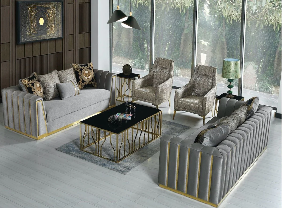 Luxury living room set gray / gold - 2 sofas & 2 armchairs & 1 coffee table - modern living room furniture - luxury quality