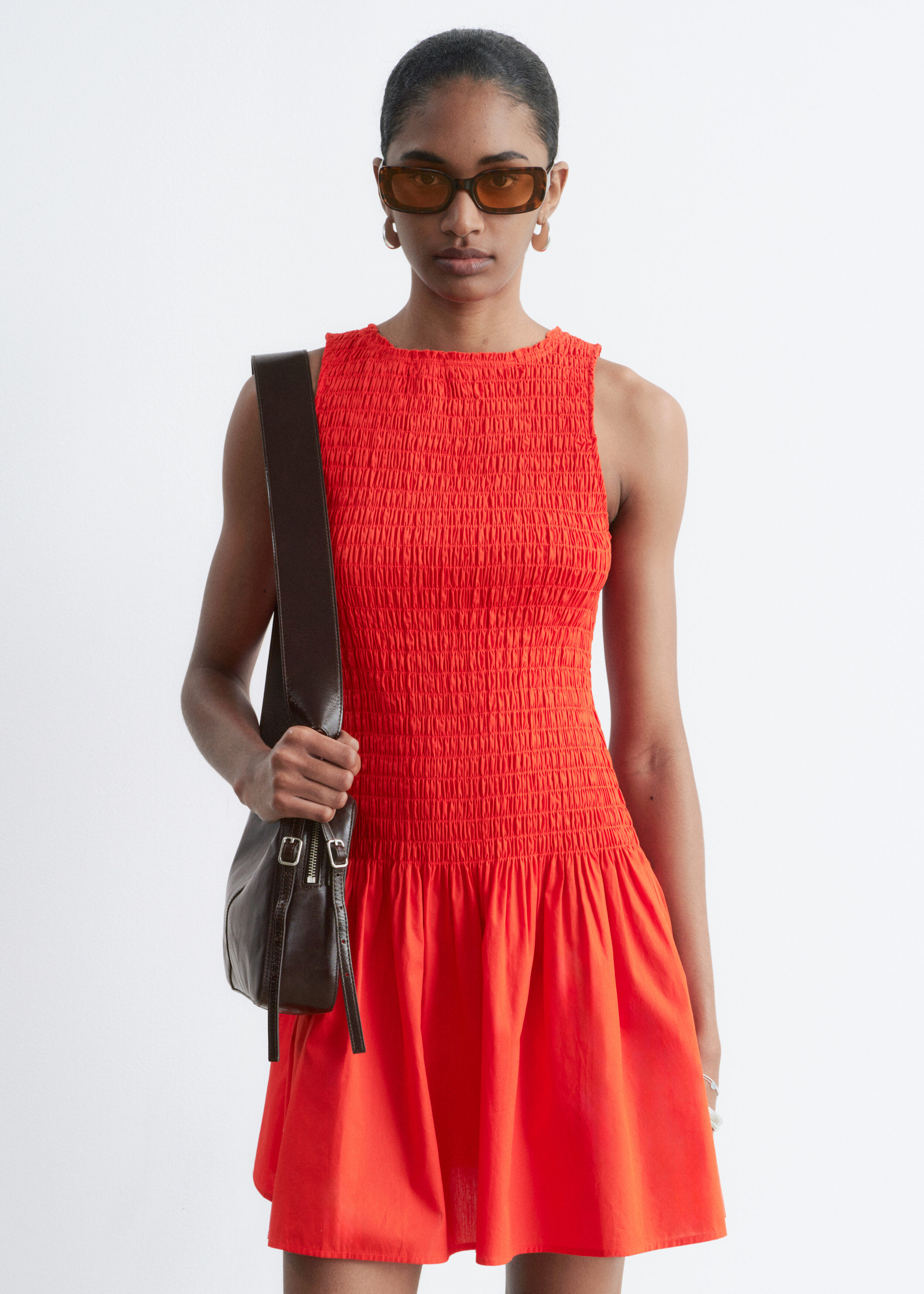 & Other Stories SMOCKED COTTON POPLIN MINI DRESS